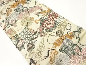 アンティーク　檜扇に御所車・鶴模様織出し名古屋帯（材料）